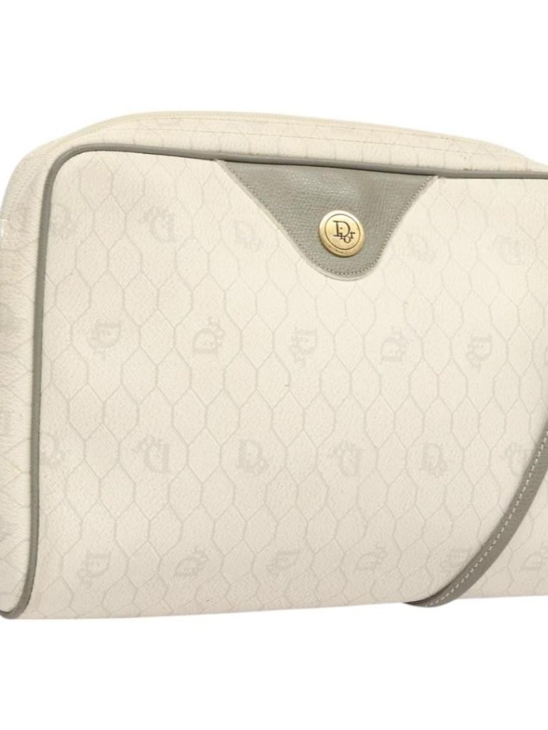 Christian Dior Honeycomb Canvas Shoulder Bag Pvc White Gold Auth Sw752